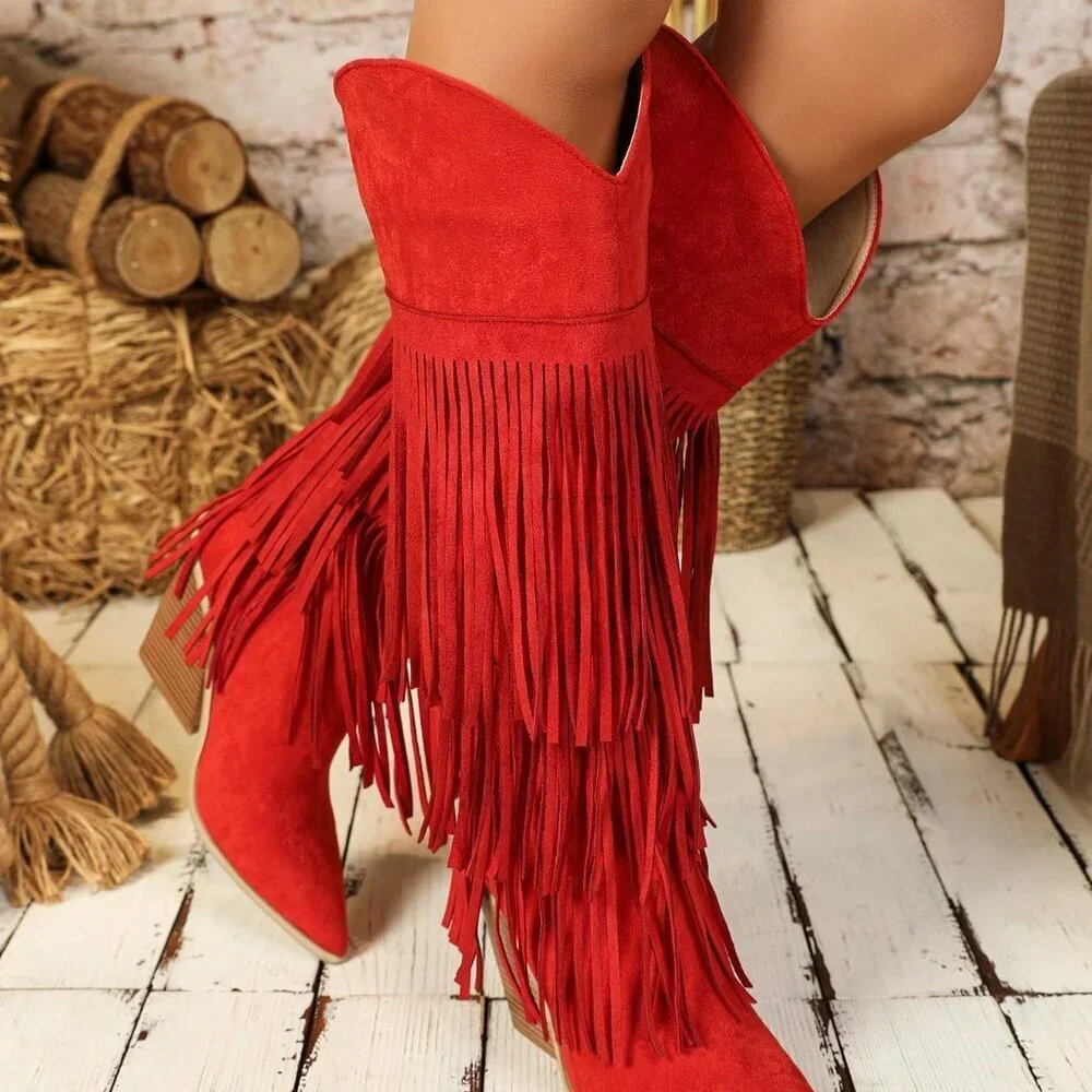 Red Western Women's Sexy Knee-High Geometric Faux Suede Chunky Heel Boots - Picture 7 of 7